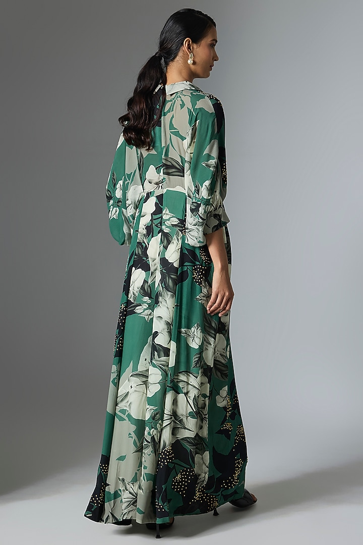 Teal Crepe Printed Jumpsuit by Nupur Kanoi at Pernia's Pop Up Shop