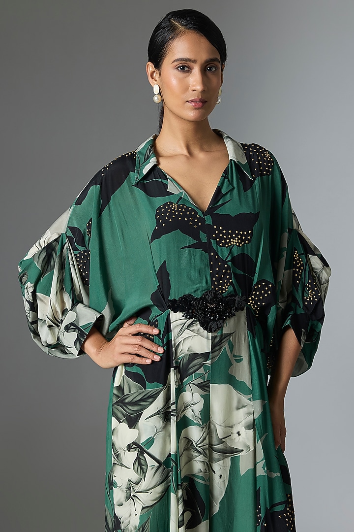Teal Crepe Printed Jumpsuit by Nupur Kanoi at Pernia's Pop Up Shop