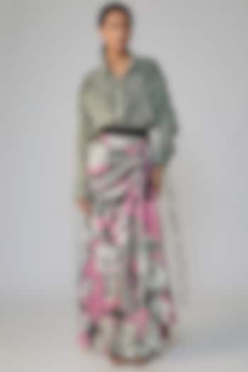 Grey & Old Rose Satin Printed Skirt Set by Nupur Kanoi at Pernia's Pop Up Shop