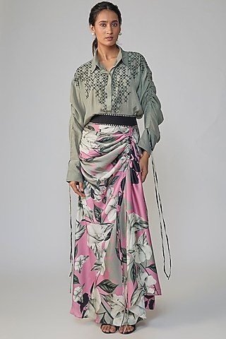 Grey & Old Rose Satin Printed Skirt Set by Nupur Kanoi