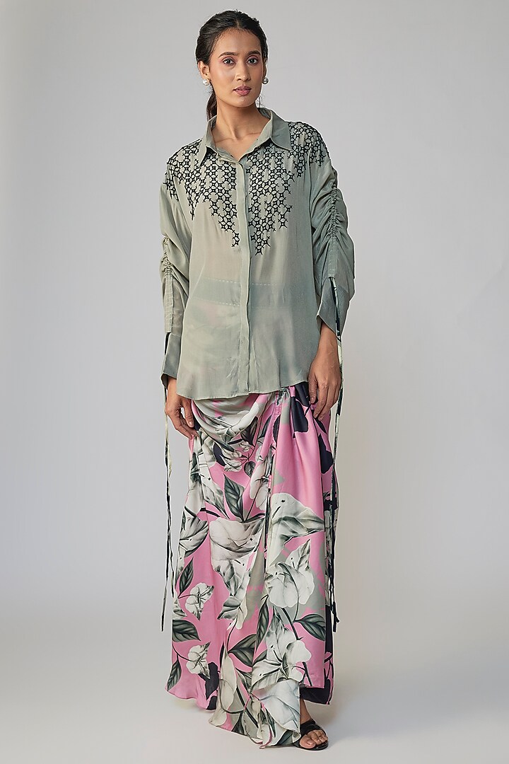 Grey & Old Rose Satin Printed Skirt Set by Nupur Kanoi at Pernia's Pop Up Shop