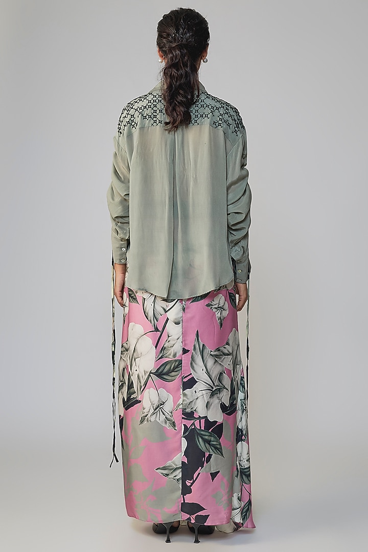 Grey & Old Rose Satin Printed Skirt Set by Nupur Kanoi at Pernia's Pop Up Shop