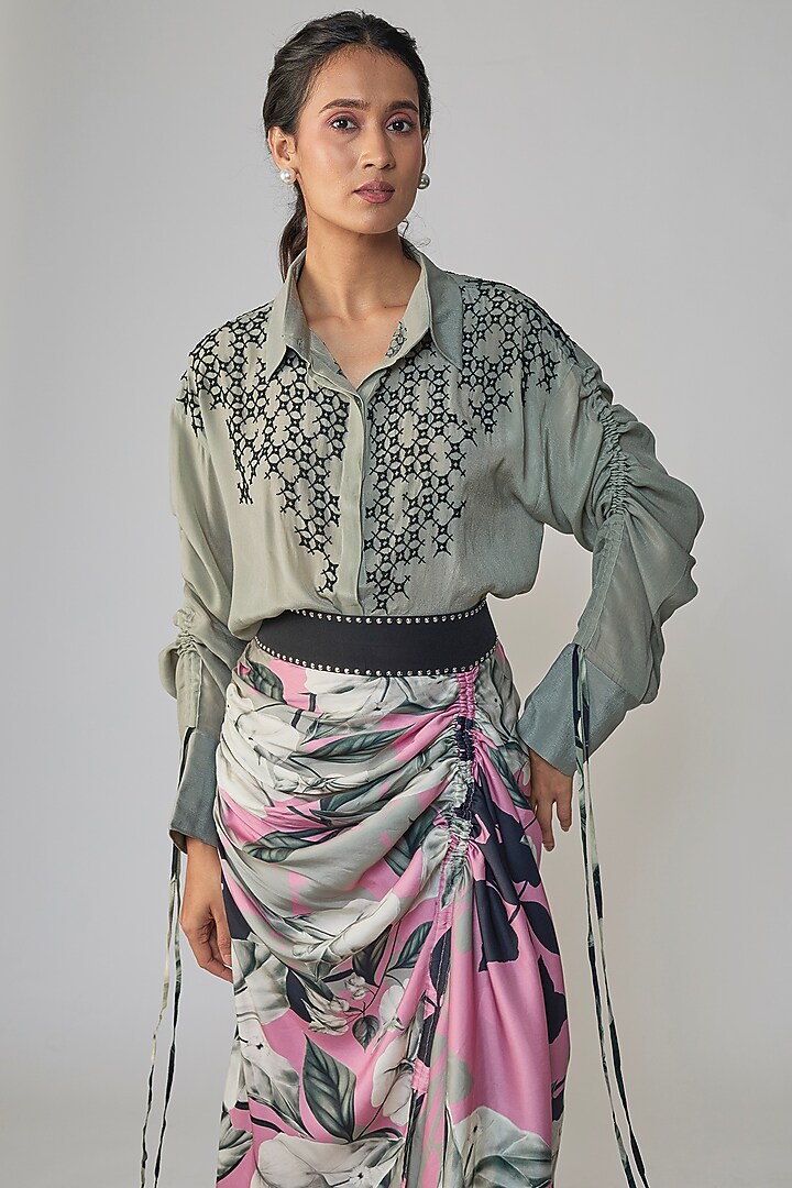 Grey & Old Rose Satin Printed Skirt Set by Nupur Kanoi at Pernia's Pop Up Shop