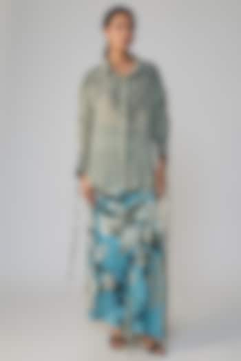 Grey & Sky Blue Satin Printed Skirt Set by Nupur Kanoi at Pernia's Pop Up Shop