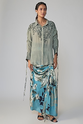 Grey & Sky Blue Satin Printed Skirt Set by Nupur Kanoi