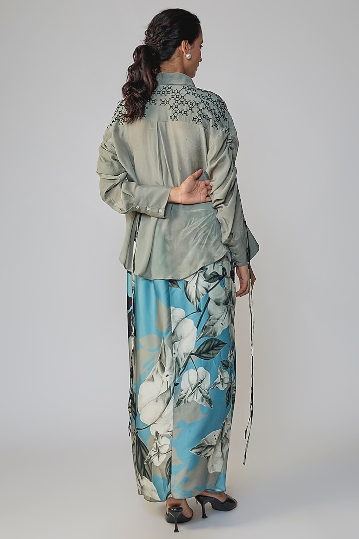Grey & Sky Blue Satin Printed Skirt Set by Nupur Kanoi at Pernia's Pop Up Shop