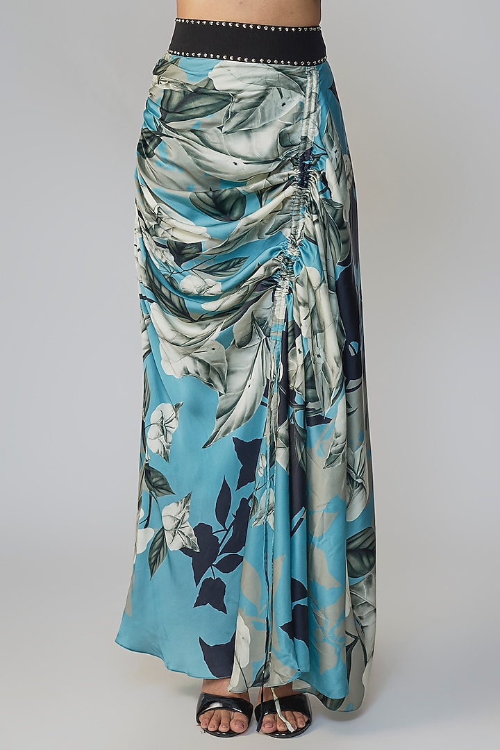 Grey & Sky Blue Satin Printed Skirt Set by Nupur Kanoi at Pernia's Pop Up Shop