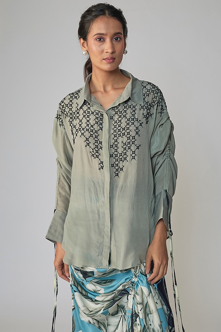 Grey & Sky Blue Satin Printed Skirt Set by Nupur Kanoi at Pernia's Pop Up Shop