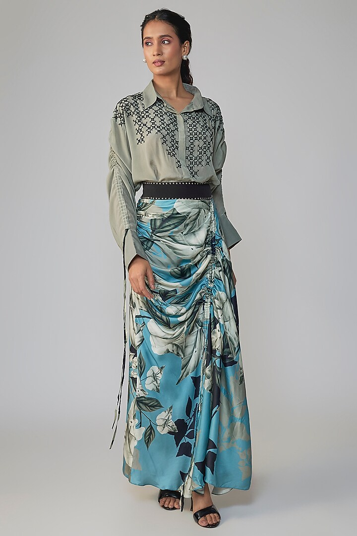 Grey & Sky Blue Satin Printed Skirt Set by Nupur Kanoi at Pernia's Pop Up Shop