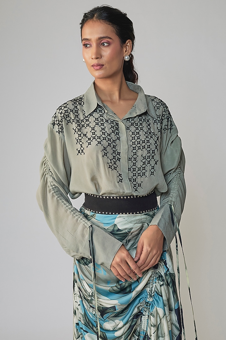 Grey & Sky Blue Satin Printed Skirt Set by Nupur Kanoi at Pernia's Pop Up Shop