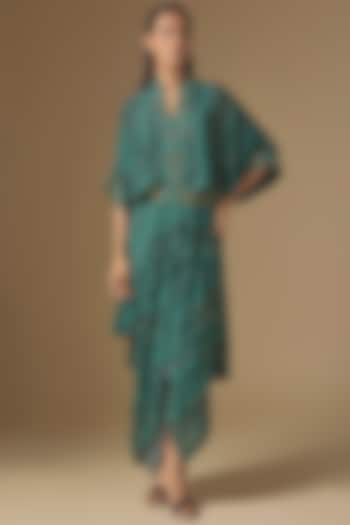 Teal Crepe Digital Printed Kaftan Cocktail Dress by Nupur Kanoi at Pernia's Pop Up Shop