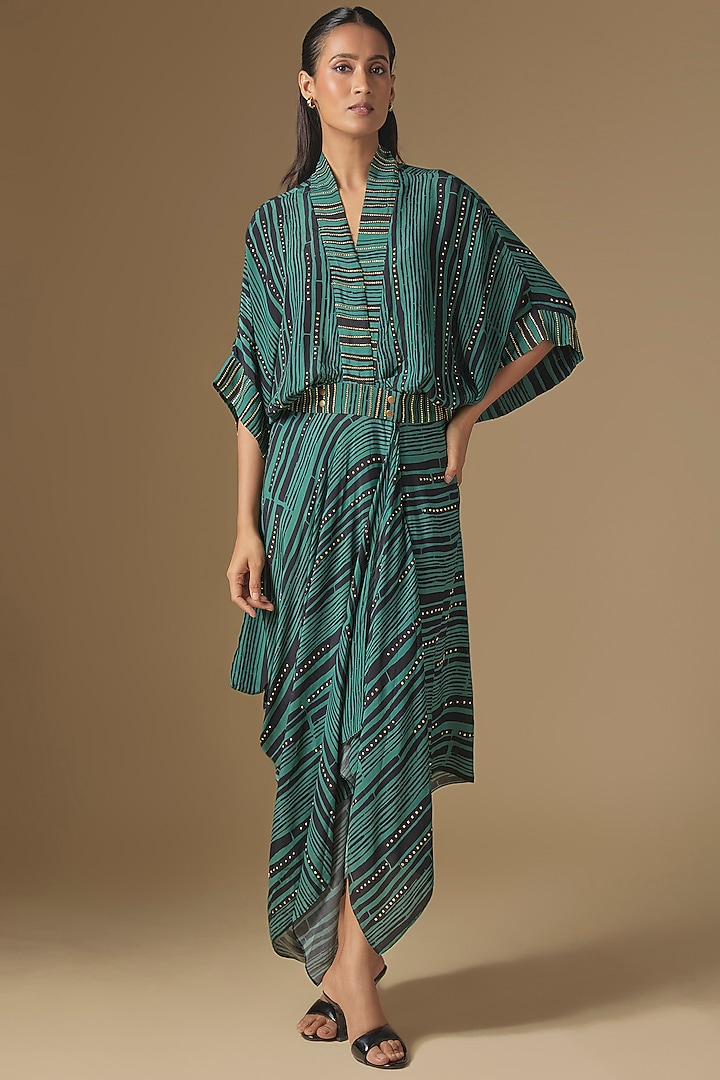 Teal Crepe Digital Printed Kaftan Cocktail Dress by Nupur Kanoi at Pernia's Pop Up Shop