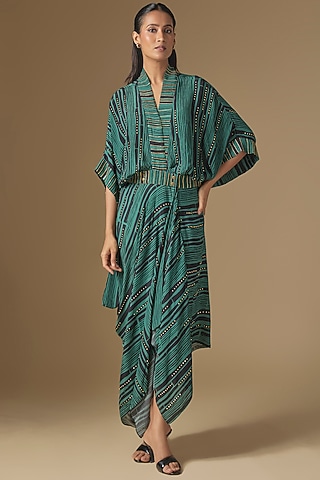 Teal Crepe Digital Printed Kaftan Dress by Nupur Kanoi