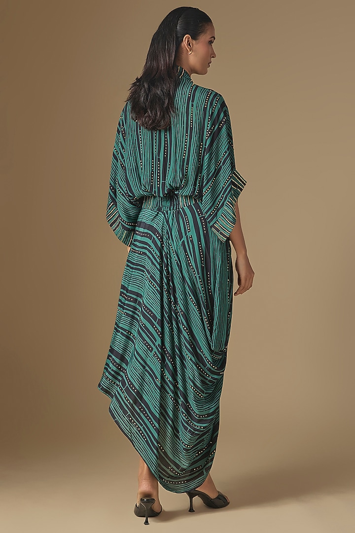 Teal Crepe Digital Printed Kaftan Cocktail Dress by Nupur Kanoi at Pernia's Pop Up Shop