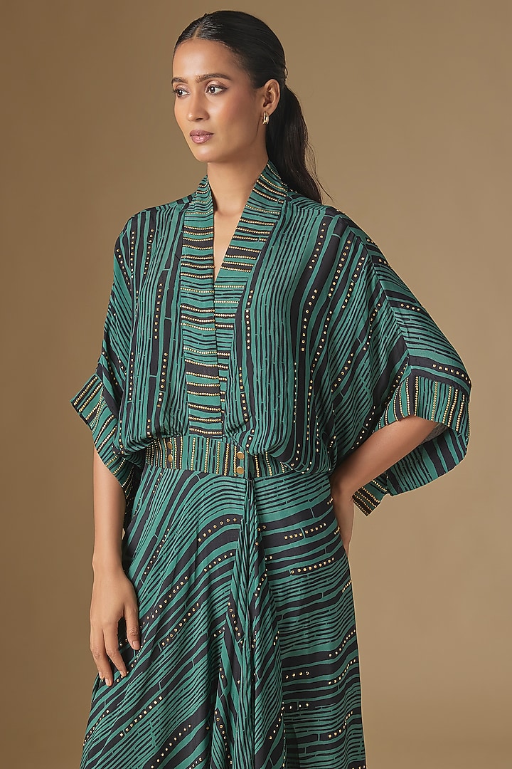 Teal Crepe Digital Printed Kaftan Cocktail Dress by Nupur Kanoi at Pernia's Pop Up Shop