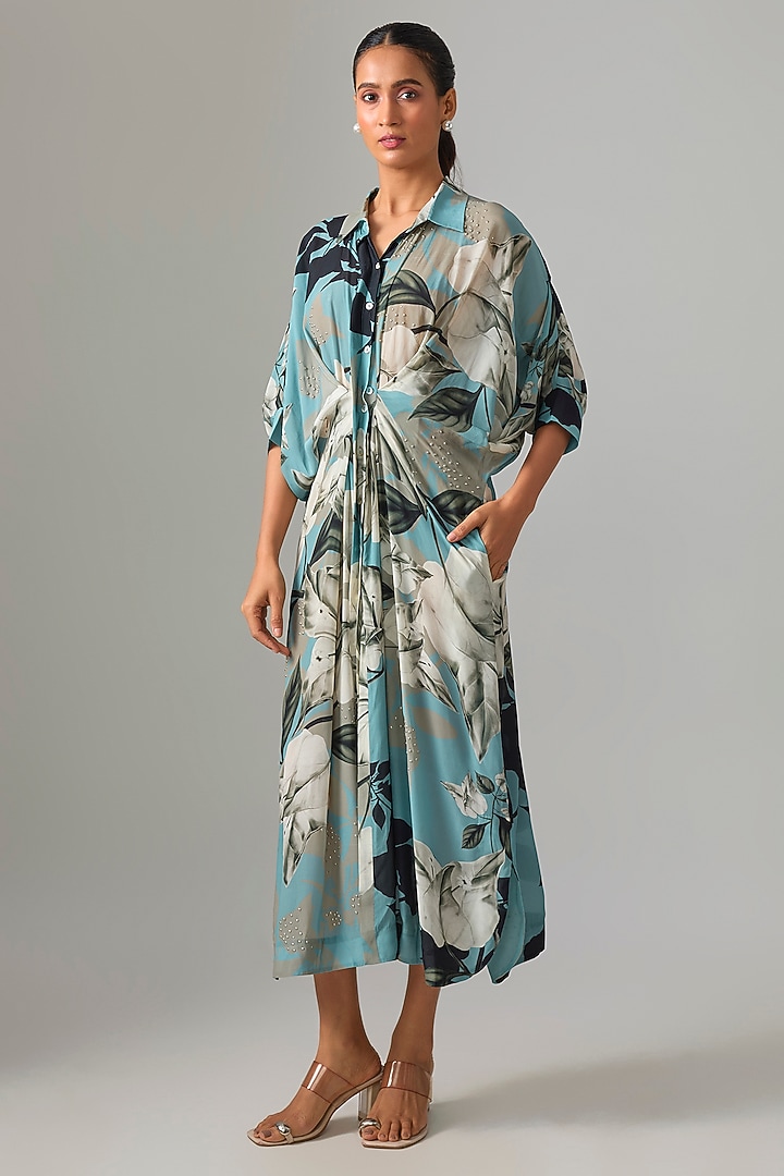Sky Blue Crepe Printed Cocktail Shirt Dress by Nupur Kanoi at Pernia's Pop Up Shop