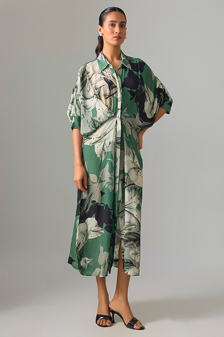 Teal Crepe Printed Cocktail Shirt Dress by Nupur Kanoi at Pernia's Pop Up Shop