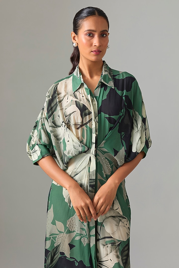 Teal Crepe Printed Cocktail Shirt Dress by Nupur Kanoi at Pernia's Pop Up Shop