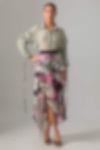 Old Rose Chiffon Printed Ruffled Skirt Set by Nupur Kanoi at Pernia's Pop Up Shop