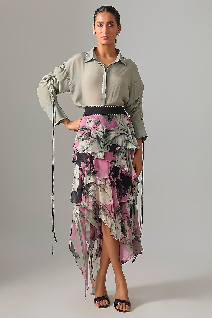 Old Rose Chiffon Printed Ruffled Skirt Set by Nupur Kanoi at Pernia's Pop Up Shop