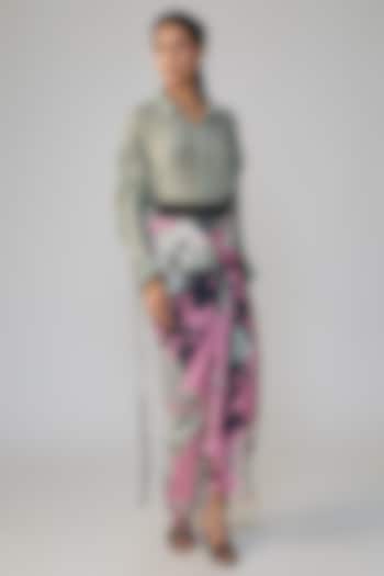 Grey & Old Rose Satin Printed Skirt Set by Nupur Kanoi at Pernia's Pop Up Shop