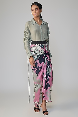 Grey & Old Rose Satin Printed Skirt Set by Nupur Kanoi