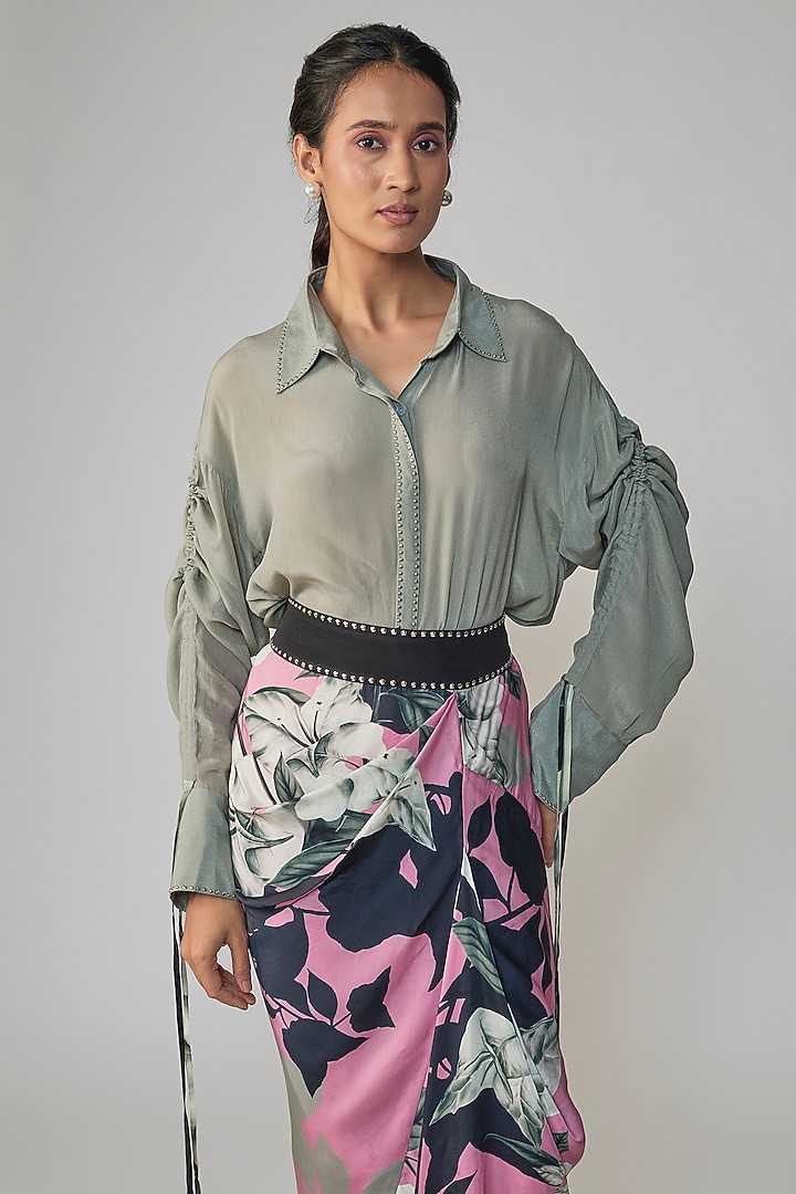 Grey & Old Rose Satin Printed Skirt Set by Nupur Kanoi at Pernia's Pop Up Shop