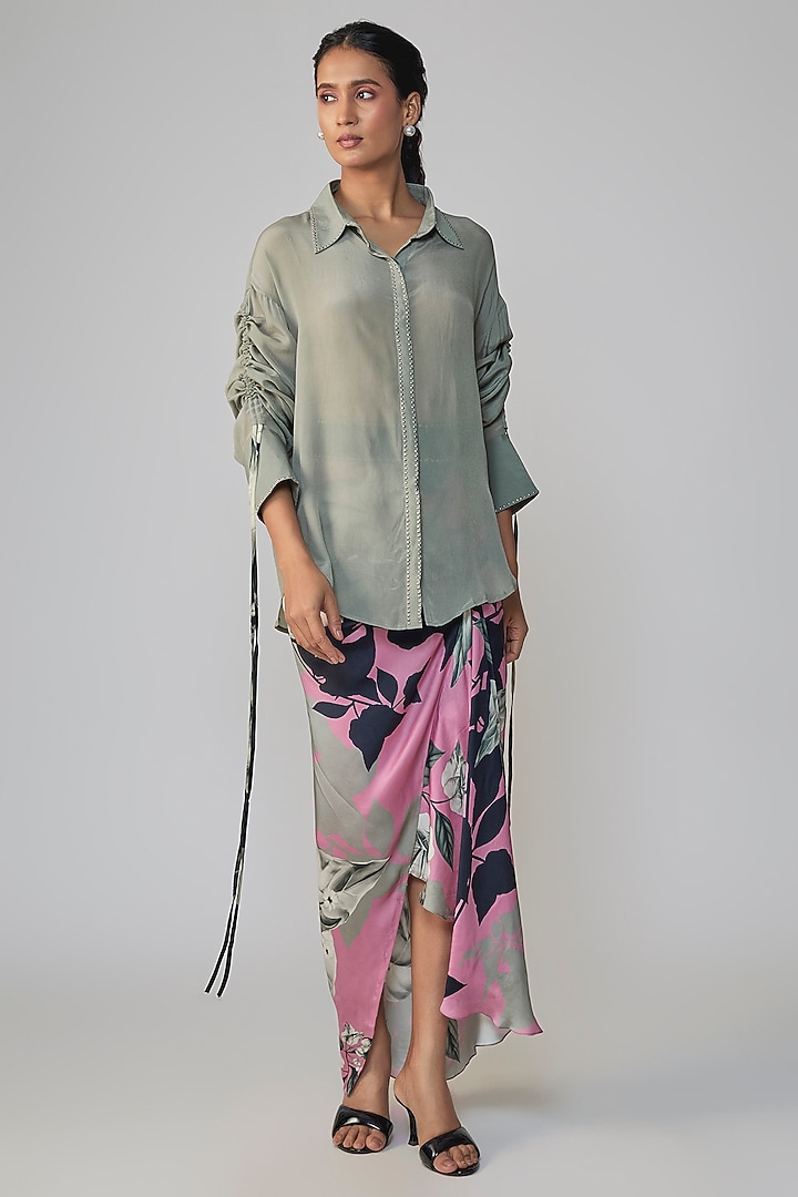 Grey & Old Rose Satin Printed Skirt Set by Nupur Kanoi at Pernia's Pop Up Shop