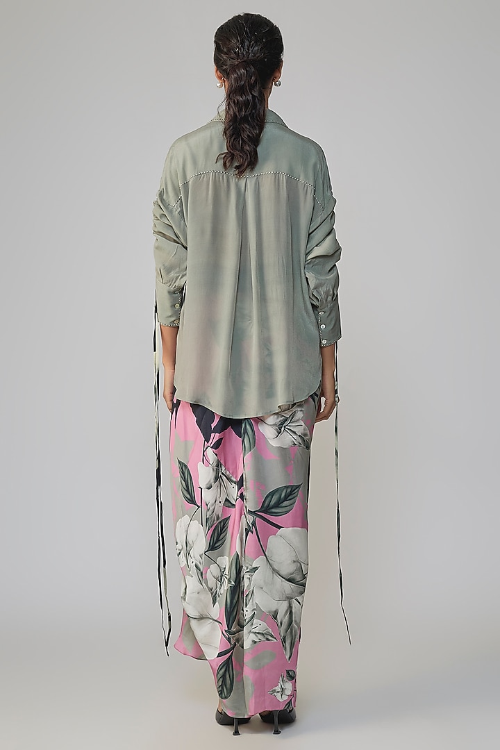 Grey & Old Rose Satin Printed Skirt Set by Nupur Kanoi at Pernia's Pop Up Shop