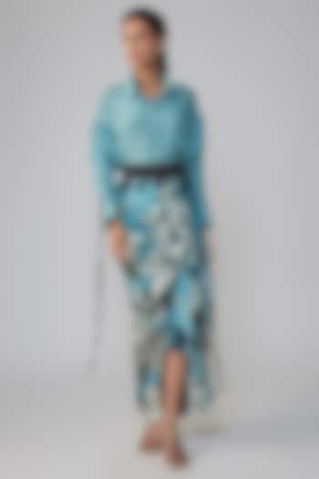 Sky Blue Satin Printed Skirt Set by Nupur Kanoi at Pernia's Pop Up Shop