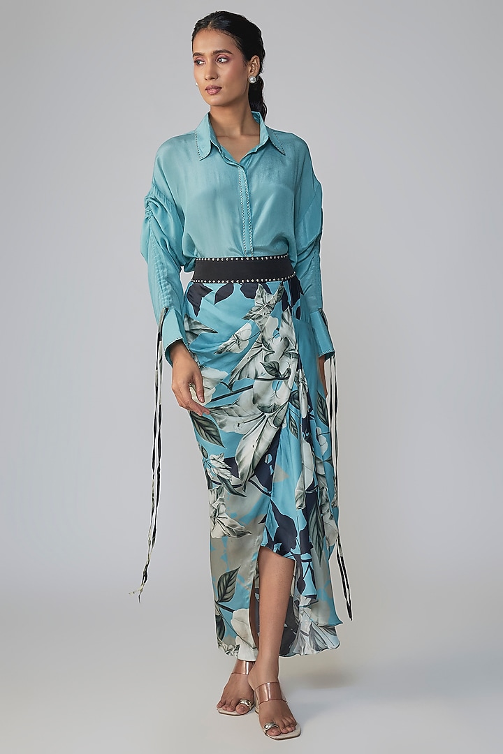 Sky Blue Satin Printed Skirt Set by Nupur Kanoi at Pernia's Pop Up Shop