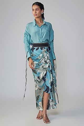 Sky Blue Satin Printed Skirt Set by Nupur Kanoi