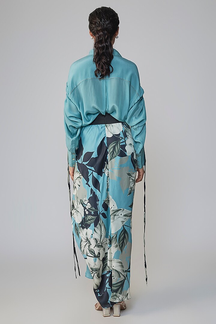Sky Blue Satin Printed Skirt Set by Nupur Kanoi at Pernia's Pop Up Shop
