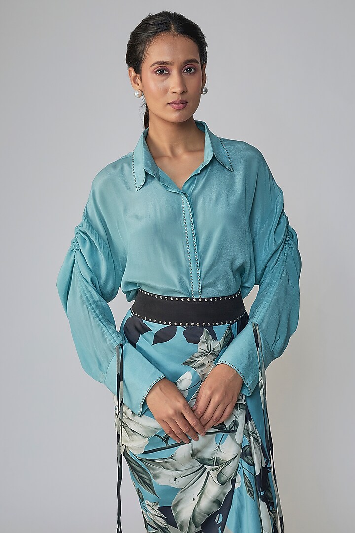 Sky Blue Satin Printed Skirt Set by Nupur Kanoi at Pernia's Pop Up Shop