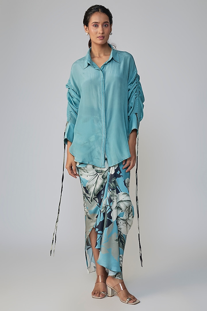 Sky Blue Satin Printed Skirt Set by Nupur Kanoi at Pernia's Pop Up Shop