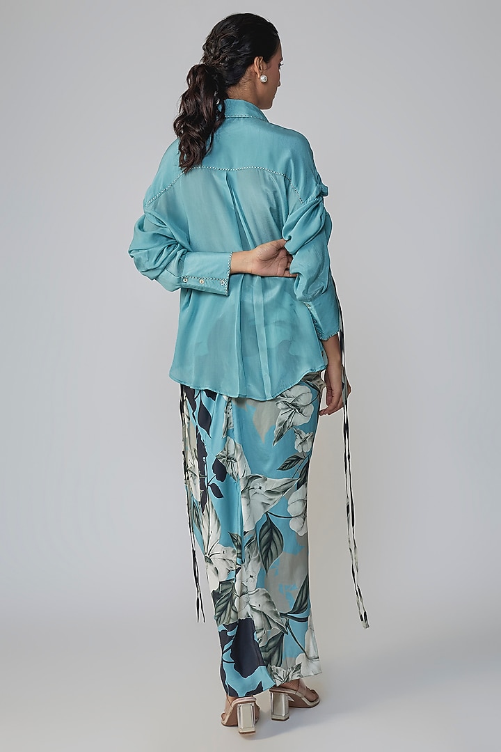 Sky Blue Satin Printed Skirt Set by Nupur Kanoi at Pernia's Pop Up Shop