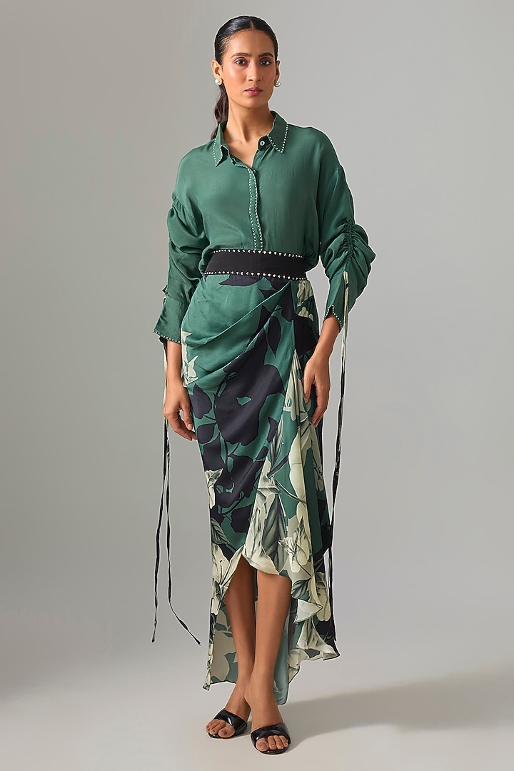 Teal Satin Printed Pick-Up Skirt Set by Nupur Kanoi at Pernia's Pop Up Shop