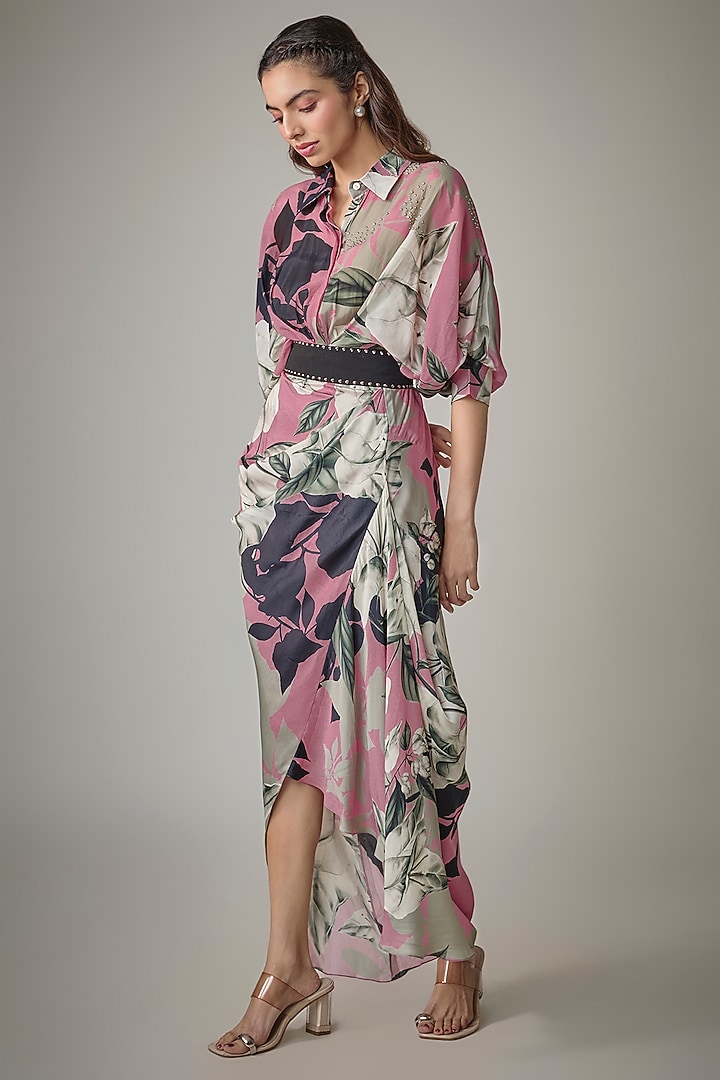 Old Rose Satin Digital Printed Fish-Cut Skirt Set by Nupur Kanoi at Pernia's Pop Up Shop