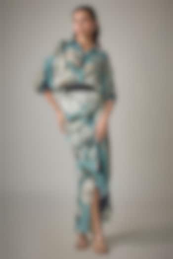 Sky Blue Satin Digital Printed Fish-Cut Skirt Set by Nupur Kanoi at Pernia's Pop Up Shop