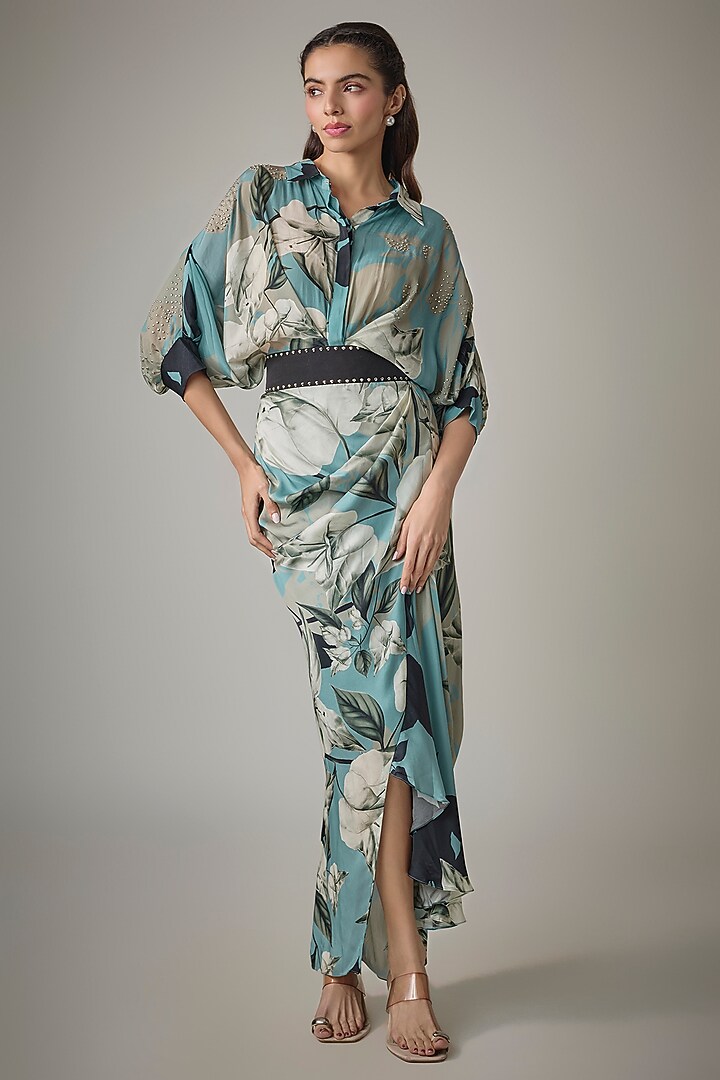 Sky Blue Satin Digital Printed Fish-Cut Skirt Set by Nupur Kanoi at Pernia's Pop Up Shop