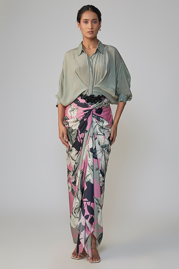 Grey & Old Rose Satin Printed Skirt Set by Nupur Kanoi at Pernia's Pop Up Shop