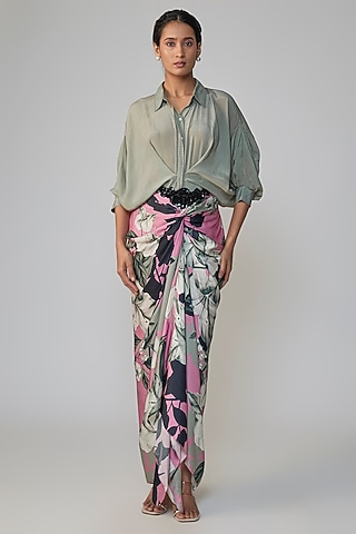 Grey & Old Rose Satin Printed Skirt Set by Nupur Kanoi