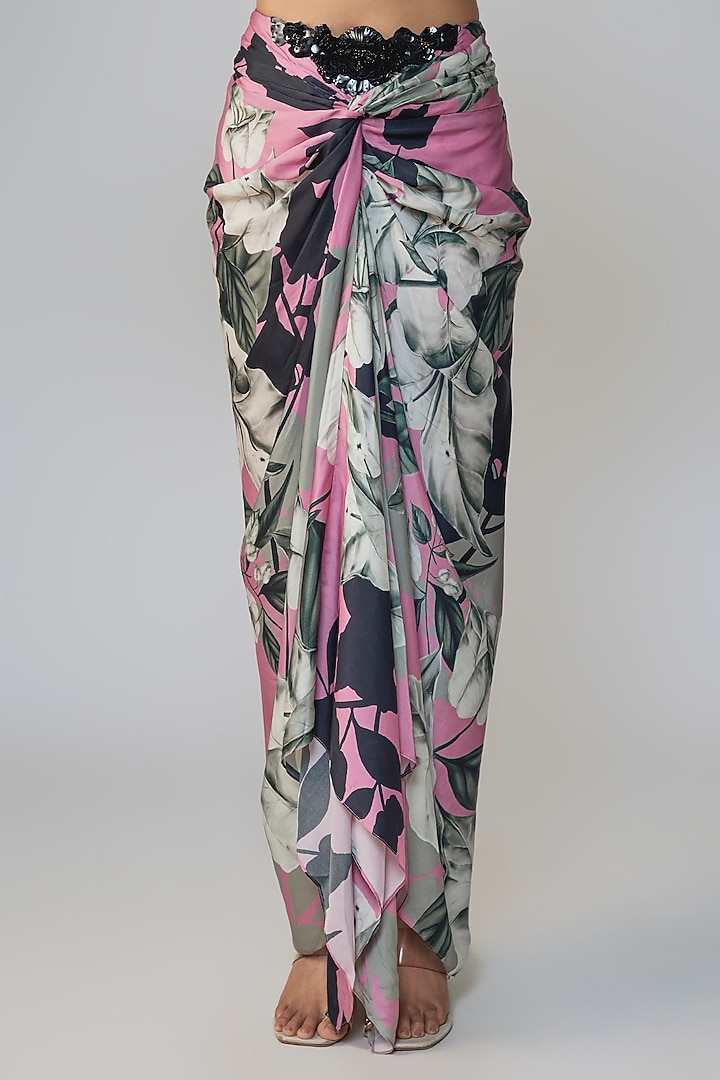 Grey & Old Rose Satin Printed Skirt Set by Nupur Kanoi at Pernia's Pop Up Shop