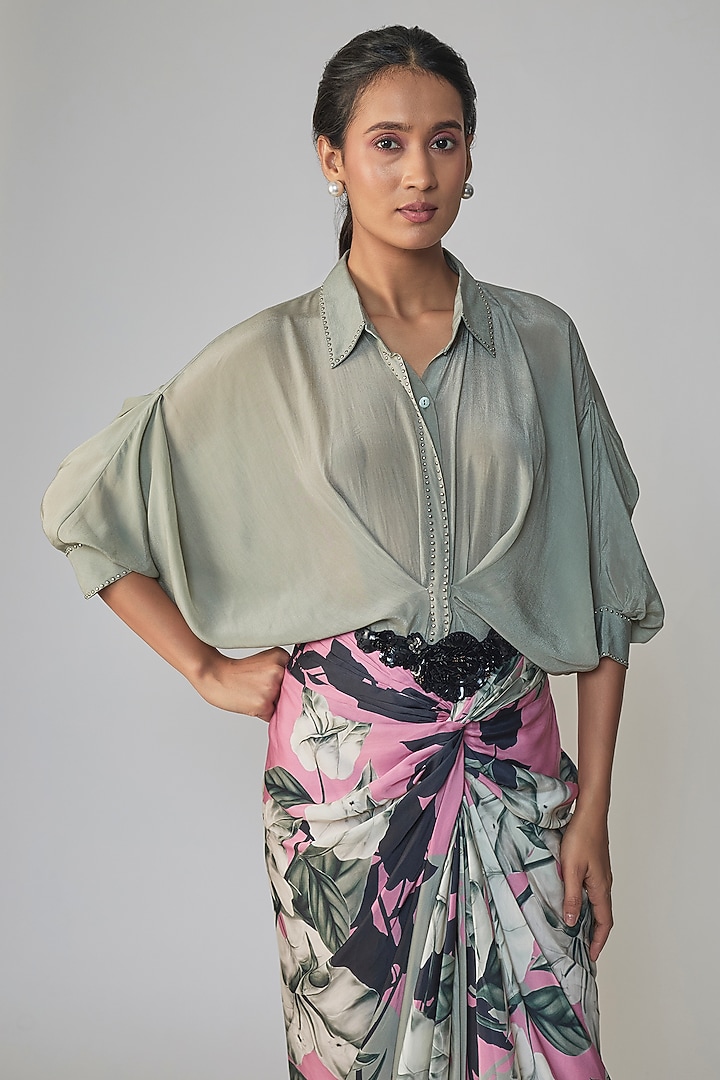 Grey & Old Rose Satin Printed Skirt Set by Nupur Kanoi at Pernia's Pop Up Shop