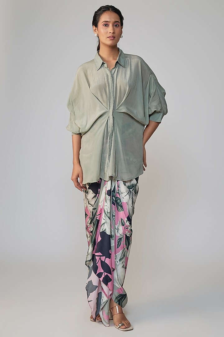 Grey & Old Rose Satin Printed Skirt Set by Nupur Kanoi at Pernia's Pop Up Shop