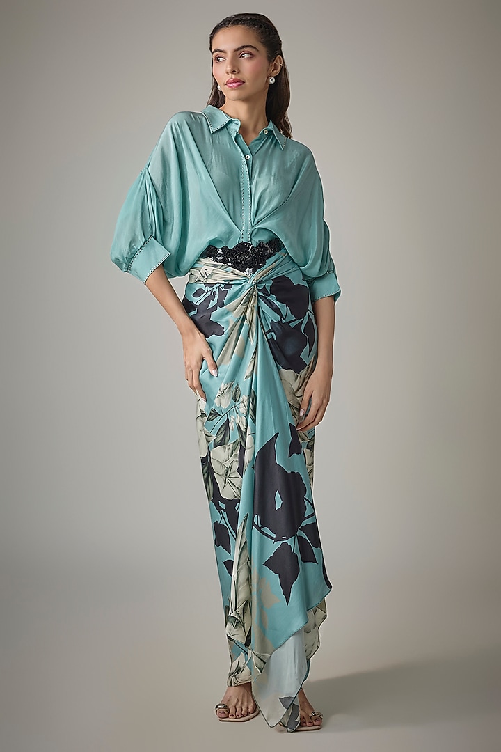 Sky Blue Satin Digital Printed Knot Skirt Set by Nupur Kanoi at Pernia's Pop Up Shop