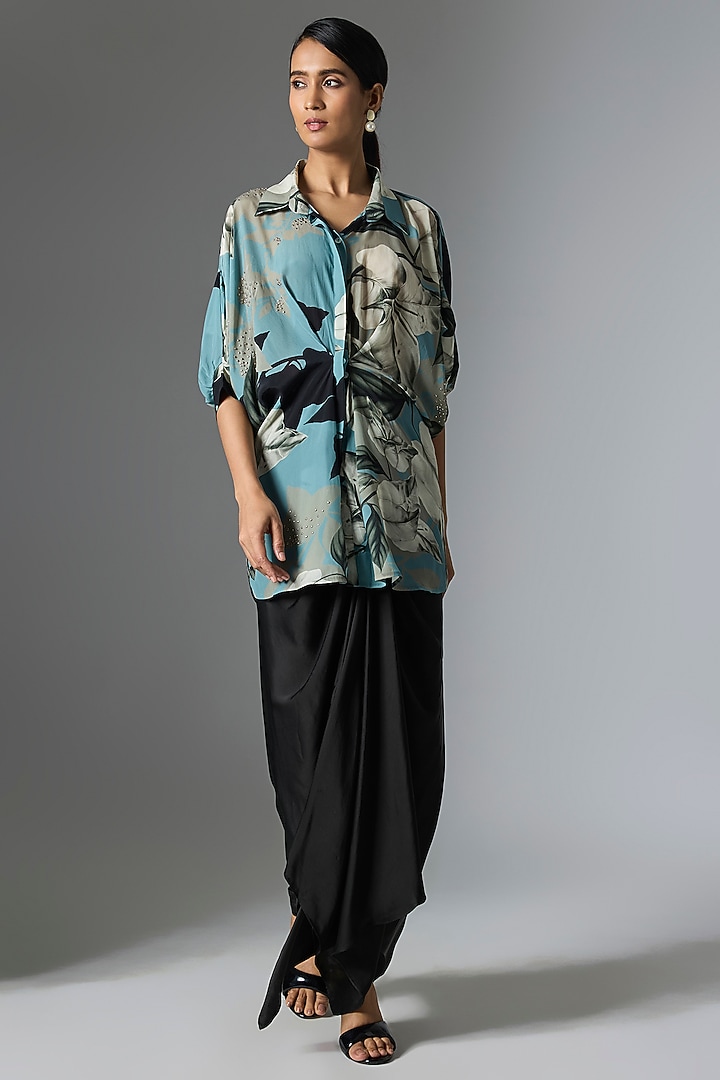 Black Satin Printed & Embellished Skirt Set by Nupur Kanoi at Pernia's Pop Up Shop
