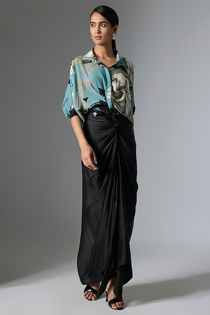 Black Satin Printed & Embellished Skirt Set by Nupur Kanoi at Pernia's Pop Up Shop