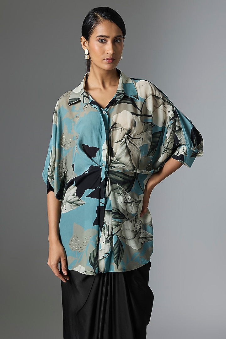 Black Satin Printed & Embellished Skirt Set by Nupur Kanoi at Pernia's Pop Up Shop