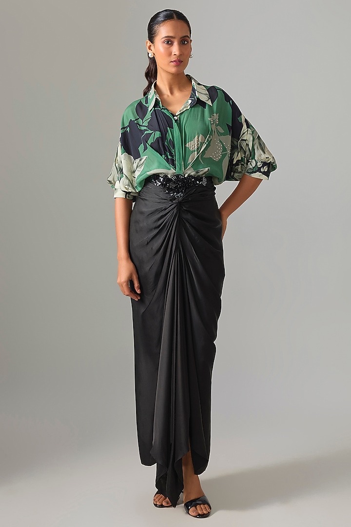Black Satin Front-Knot Skirt Set by Nupur Kanoi at Pernia's Pop Up Shop